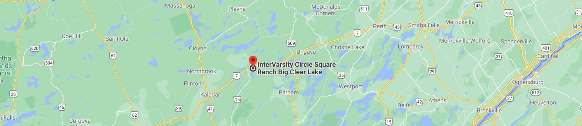 Circle Square Ranch Big Clear Lake's location indicated on a map. Links to Google maps directions.